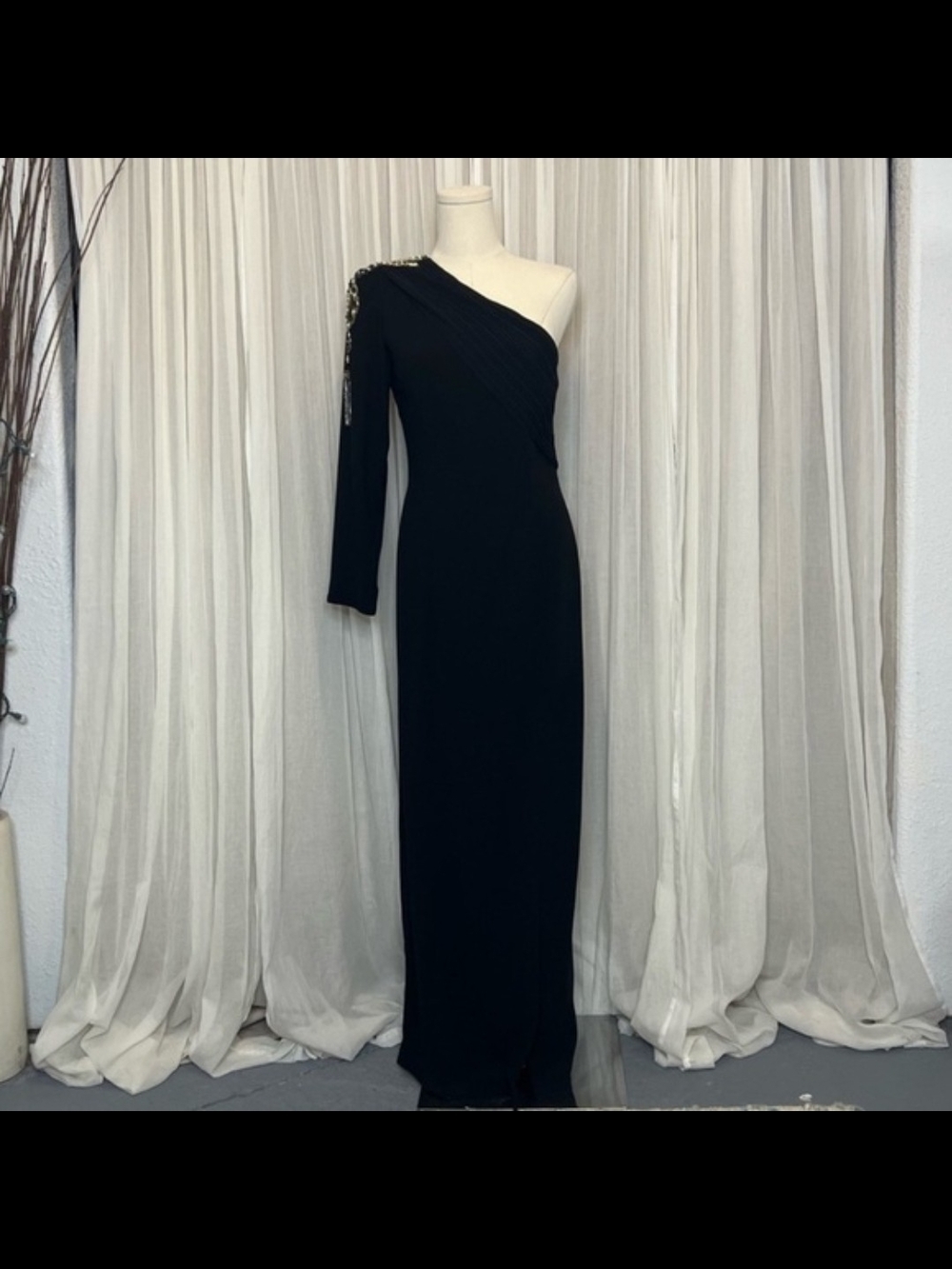 A.J. Bari One-Shoulder Black Evening Gown with Embellished Shoulder